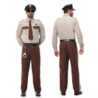 Men's police officer costume with tan shirt, brown tie, brown striped pants, black cap, belt and toy handcuffs - view 3