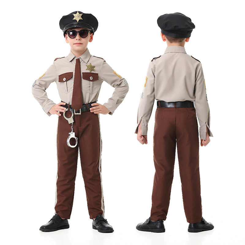 Men's police officer costume with tan shirt, brown tie, brown striped pants, black cap, belt and toy handcuffs - view 4