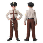 Men's police officer costume with tan shirt, brown tie, brown striped pants, black cap, belt and toy handcuffs - view 4