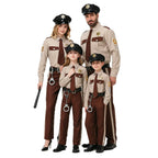 Men's police officer costume with tan shirt, brown tie, brown striped pants, black cap, belt and toy handcuffs - view 5