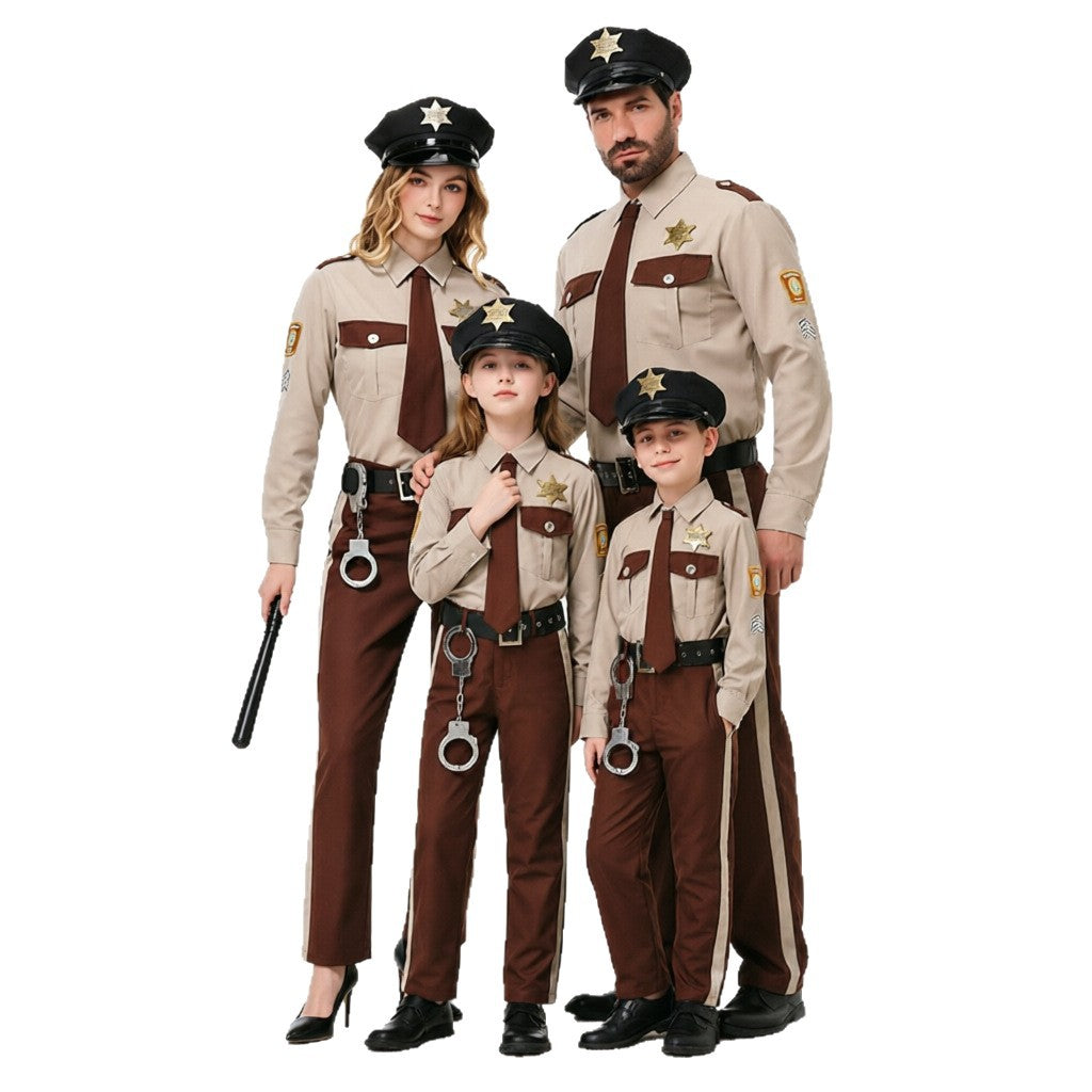 Men's police officer costume with tan shirt, brown tie, brown striped pants, black cap, belt and toy handcuffs - view 5
