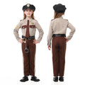 Men's police officer costume with tan shirt, brown tie, brown striped pants, black cap, belt and toy handcuffs - view 6