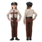 Men's police officer costume with tan shirt, brown tie, brown striped pants, black cap, belt and toy handcuffs - view 6