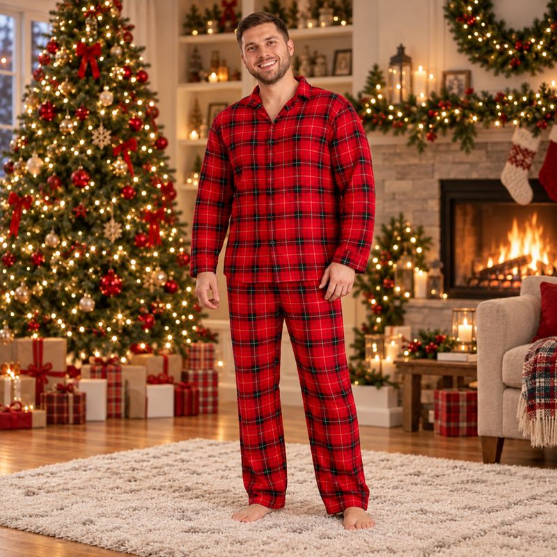 Family wearing matching red plaid Christmas pajamas by the tree - view 2