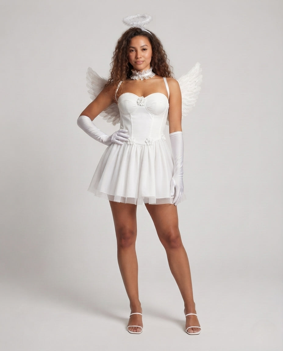 Corset mini dress with tulle skirt and floral appliqués styled as an angel costume