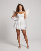Corset mini dress with tulle skirt and floral appliqués styled as an angel costume