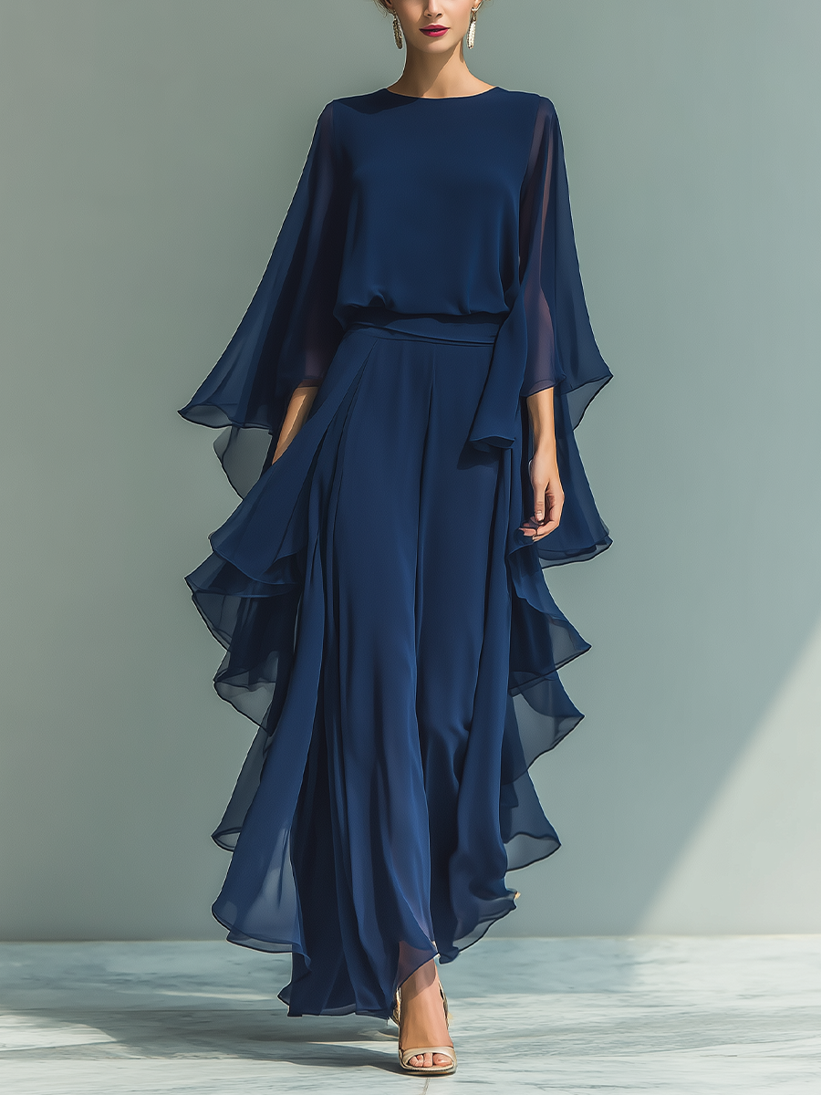 Navy chiffon wide-leg pants set with flowing cape sleeves and side ruffles