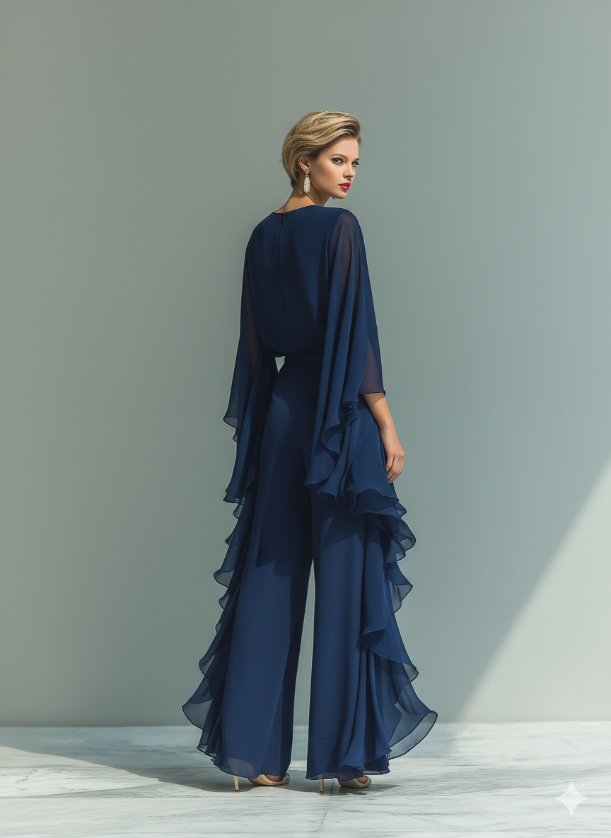Navy chiffon wide-leg pants set with flowing cape sleeves and side ruffles - view 2