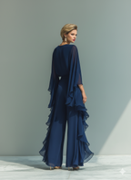 Navy chiffon wide-leg pants set with flowing cape sleeves and side ruffles - view 2
