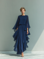 Navy chiffon wide-leg pants set with flowing cape sleeves and side ruffles - view 5