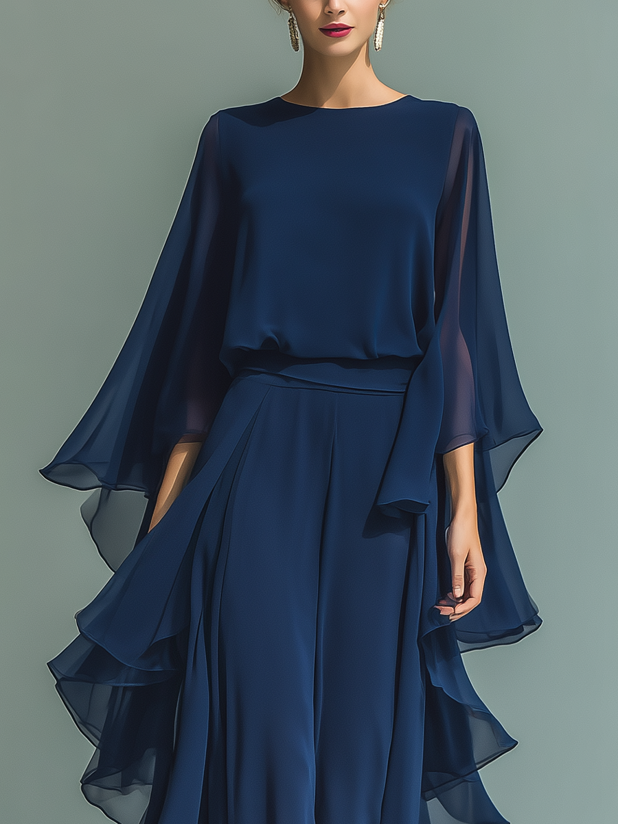 Navy chiffon wide-leg pants set with flowing cape sleeves and side ruffles - view 6
