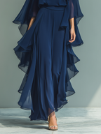 Navy chiffon wide-leg pants set with flowing cape sleeves and side ruffles - view 7