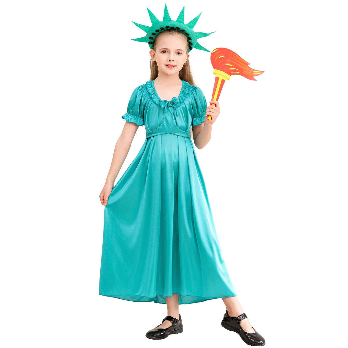 Girl wearing a teal satin-look Statue of Liberty costume dress with spiked crown headband and flame torch prop - view 6