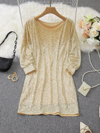 Long sleeve sequin mini dress with off-shoulder neckline and batwing sleeves - view 12