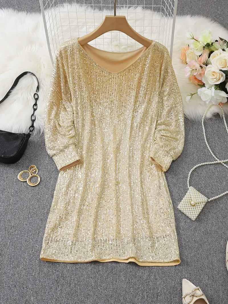 Long sleeve sequin mini dress with off-shoulder neckline and batwing sleeves - view 12