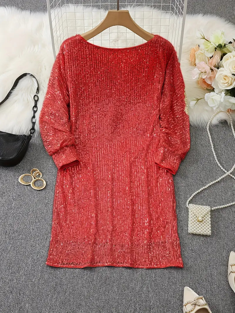 Long sleeve sequin mini dress with off-shoulder neckline and batwing sleeves - view 14