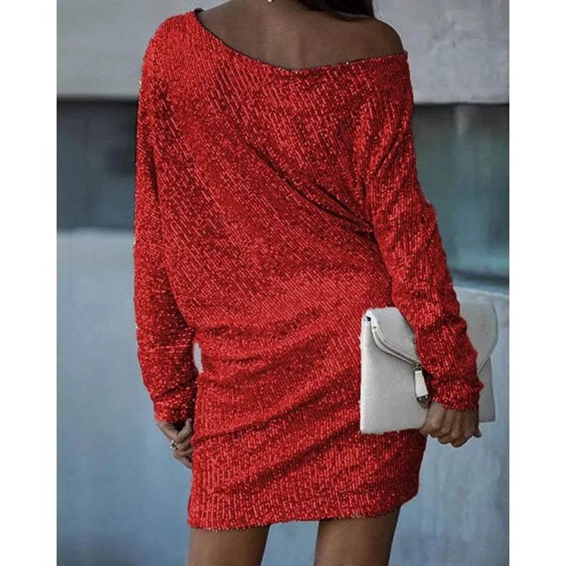 Long sleeve sequin mini dress with off-shoulder neckline and batwing sleeves - view 2