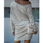 Long sleeve sequin mini dress with off-shoulder neckline and batwing sleeves - view 3