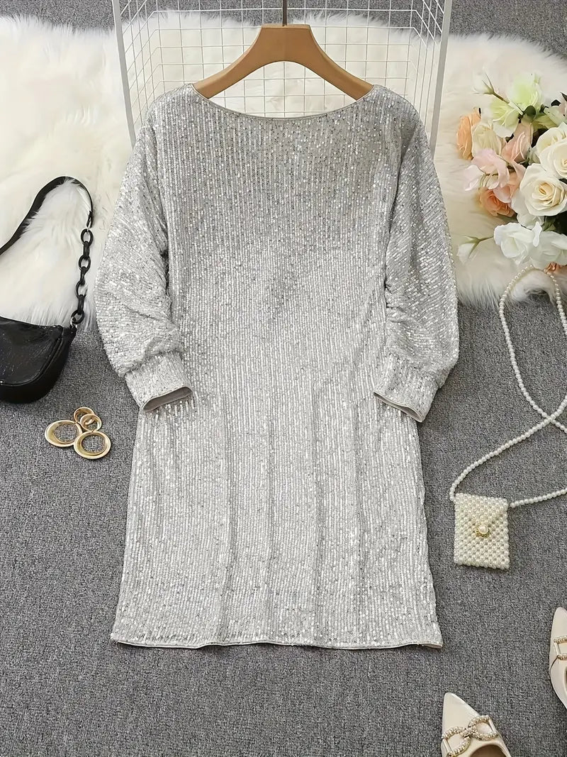 Long sleeve sequin mini dress with off-shoulder neckline and batwing sleeves - view 5