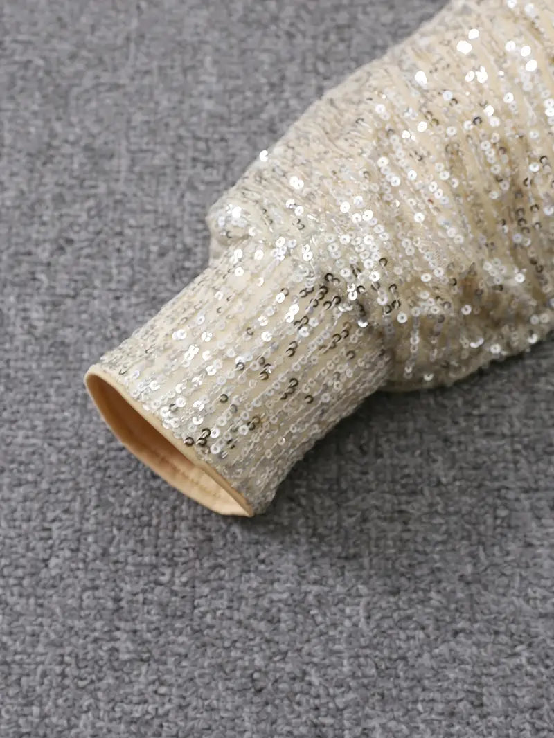 Long sleeve sequin mini dress with off-shoulder neckline and batwing sleeves - view 7