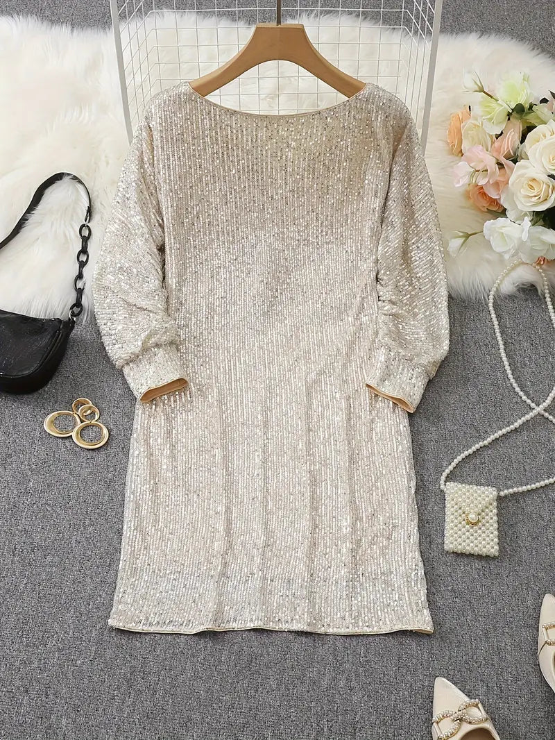 Long sleeve sequin mini dress with off-shoulder neckline and batwing sleeves - view 9