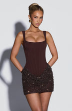 Chocolate brown corset mini dress with square neckline and sequin draped skirt