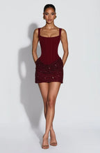 Chocolate brown corset mini dress with square neckline and sequin draped skirt - view 15