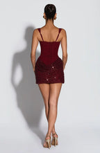 Chocolate brown corset mini dress with square neckline and sequin draped skirt - view 17