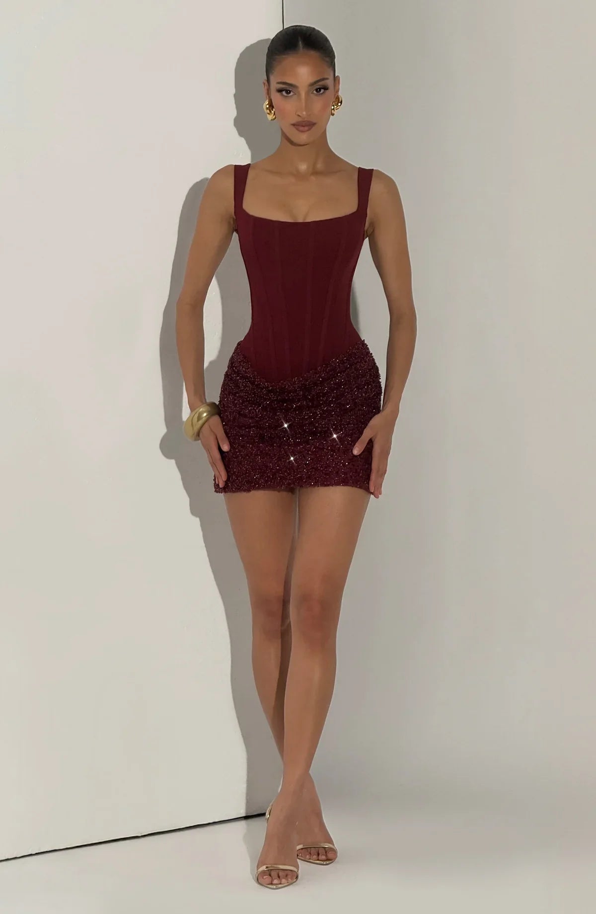 Chocolate brown corset mini dress with square neckline and sequin draped skirt - view 18