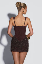 Chocolate brown corset mini dress with square neckline and sequin draped skirt - view 2