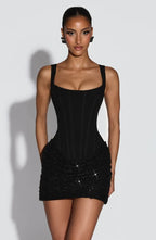 Chocolate brown corset mini dress with square neckline and sequin draped skirt - view 22