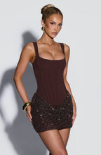 Chocolate brown corset mini dress with square neckline and sequin draped skirt - view 3