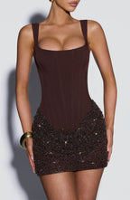 Chocolate brown corset mini dress with square neckline and sequin draped skirt - view 4