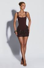 Chocolate brown corset mini dress with square neckline and sequin draped skirt - view 6