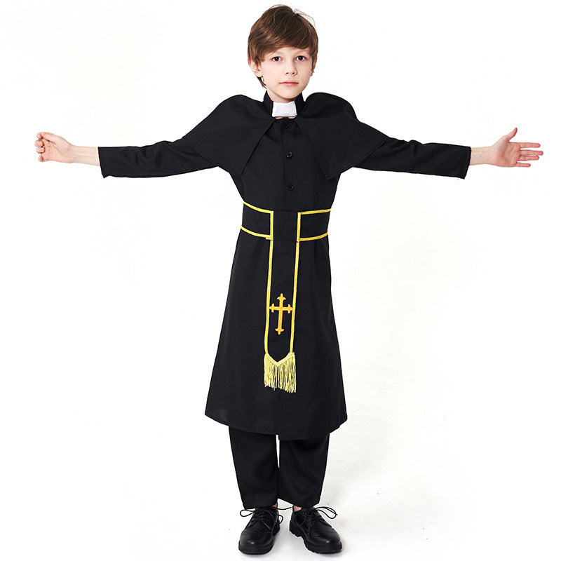 Kids black priest costume with shoulder cape, white collar tab and gold-trim sash with embroidered cross
