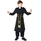 Kids black priest costume with shoulder cape, white collar tab and gold-trim sash with embroidered cross - view 2