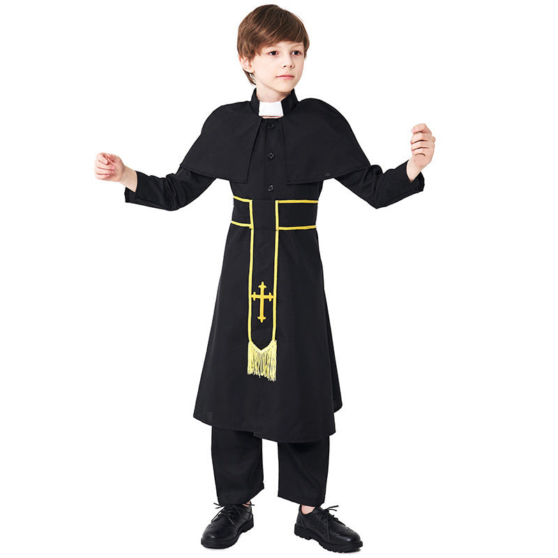 Kids black priest costume with shoulder cape, white collar tab and gold-trim sash with embroidered cross - view 2