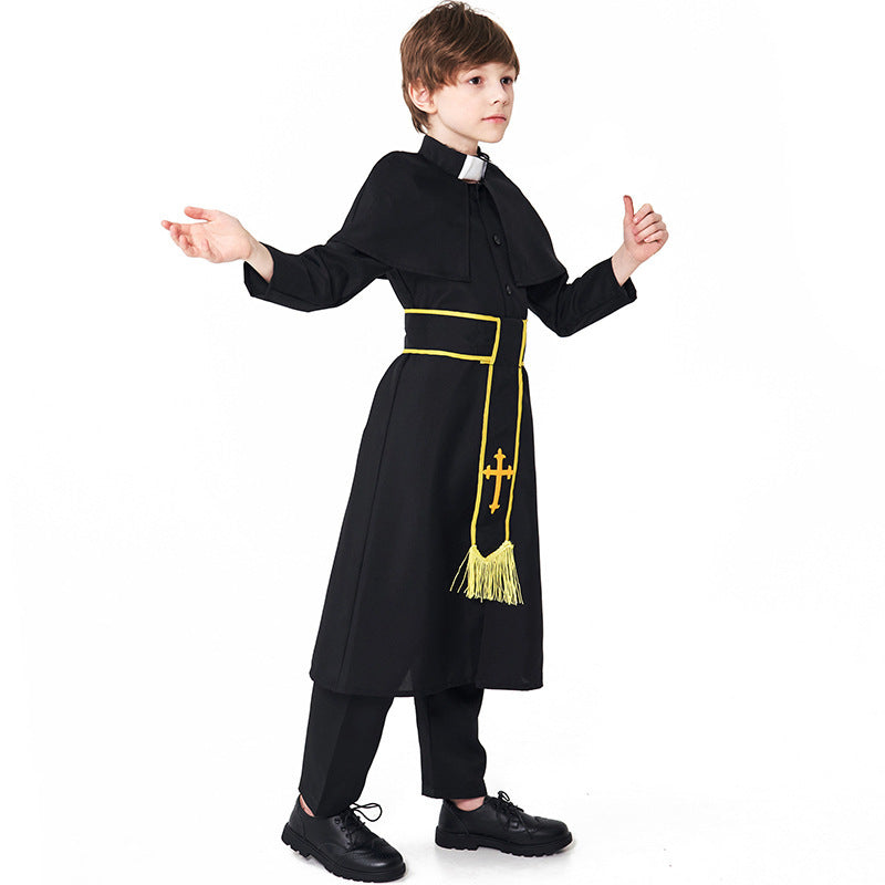 Kids black priest costume with shoulder cape, white collar tab and gold-trim sash with embroidered cross - view 3