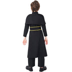Kids black priest costume with shoulder cape, white collar tab and gold-trim sash with embroidered cross - view 4