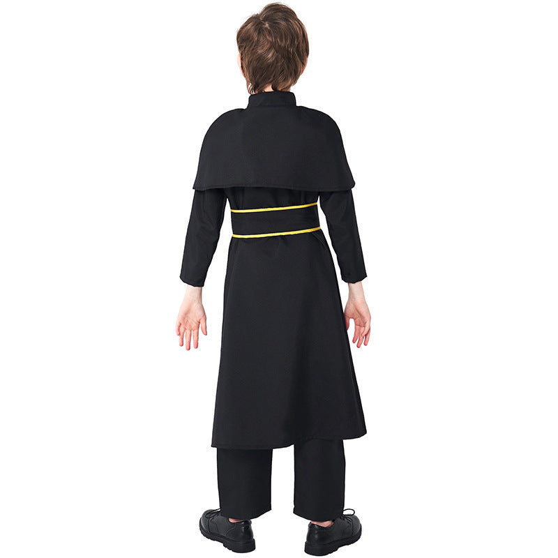 Kids black priest costume with shoulder cape, white collar tab and gold-trim sash with embroidered cross - view 4