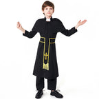 Kids black priest costume with shoulder cape, white collar tab and gold-trim sash with embroidered cross - view 5