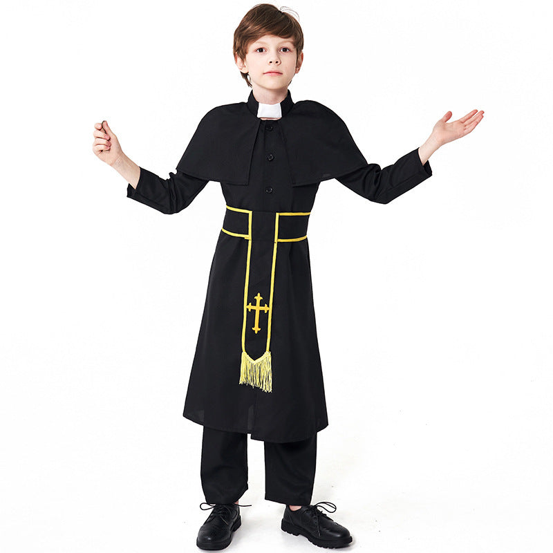 Kids black priest costume with shoulder cape, white collar tab and gold-trim sash with embroidered cross - view 5