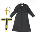 Kids black priest costume with shoulder cape, white collar tab and gold-trim sash with embroidered cross - view 6