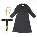 Kids black priest costume with shoulder cape, white collar tab and gold-trim sash with embroidered cross - view 6