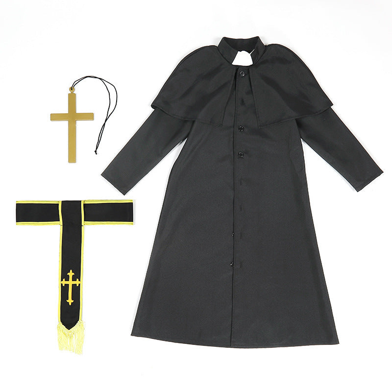 Kids black priest costume with shoulder cape, white collar tab and gold-trim sash with embroidered cross - view 6