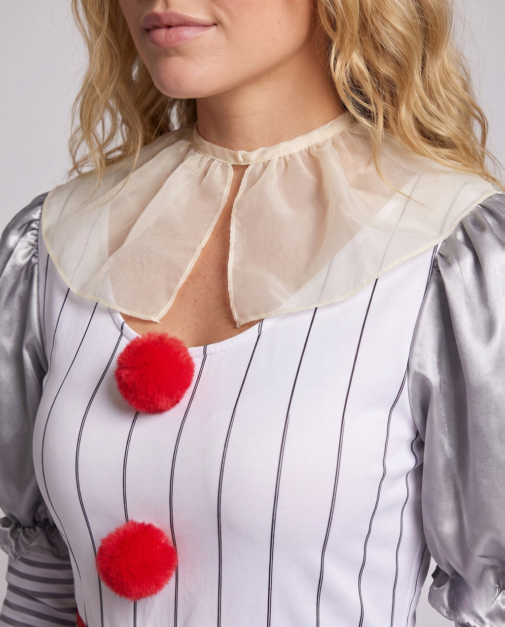 Women's white pinstripe clown Halloween costume dress with silver satin puff sleeves and red pom-poms - view 2