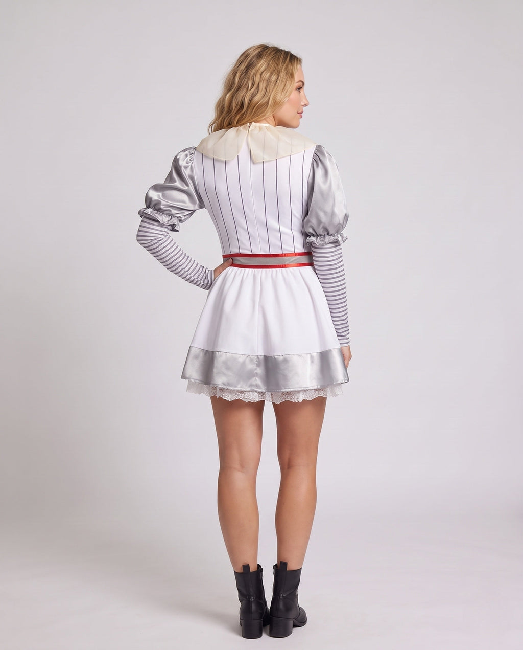 Women's white pinstripe clown Halloween costume dress with silver satin puff sleeves and red pom-poms - view 3