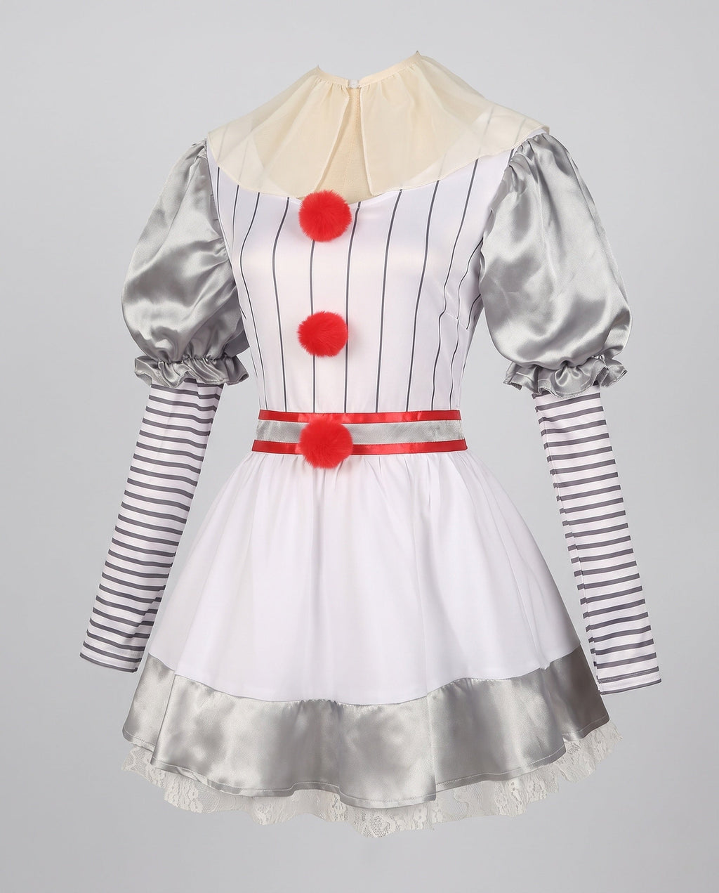 Women's white pinstripe clown Halloween costume dress with silver satin puff sleeves and red pom-poms - view 4