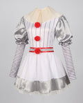 Women's white pinstripe clown Halloween costume dress with silver satin puff sleeves and red pom-poms - view 4