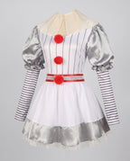 Women's white pinstripe clown Halloween costume dress with silver satin puff sleeves and red pom-poms - view 4